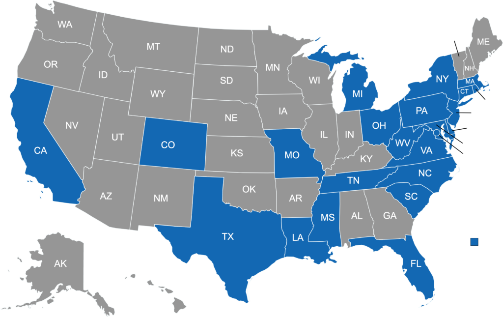 Map of the USA with states colored blue if covered by the company
