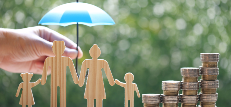 Illustration of a family surrounded by symbols of financial security and protection