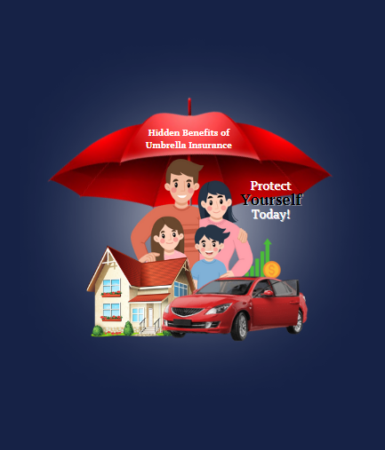 Illustration of an umbrella providing extra coverage over a house and car, symbolizing umbrella insurance benefits